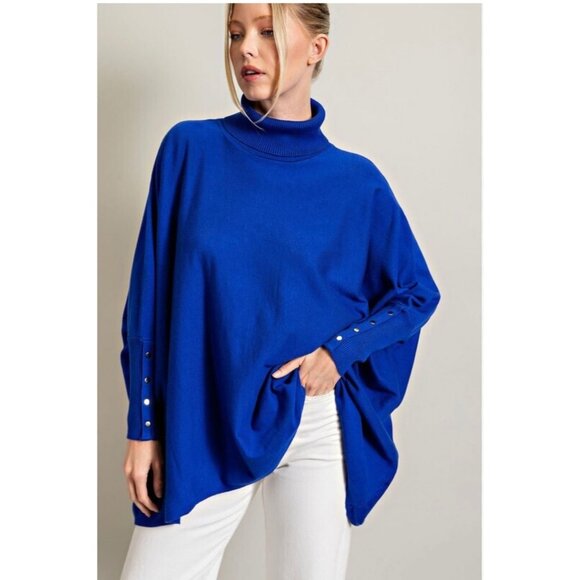 Cynthia Rowley Sweaters - Cynthia Rowley Dolman Royal Blue Turtleneck Button Cuff Poncho Sweater M Cotton